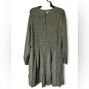 Ava & Viv Olive Green Pinstripe Smocked Waist Long Sleeve Dress